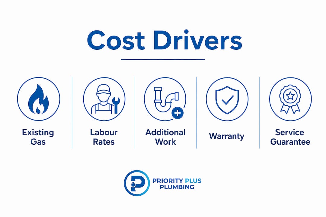 Infographic showing main cost drivers for gas cooktop installation
