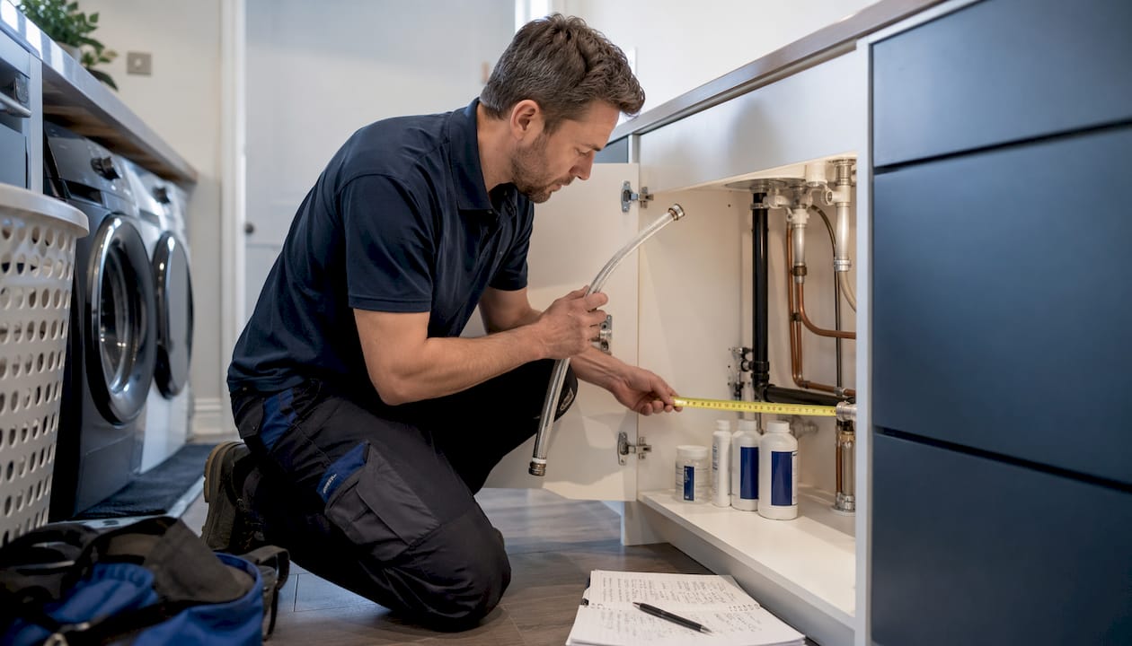 Plumber assessing kitchen plumbing connections under sink