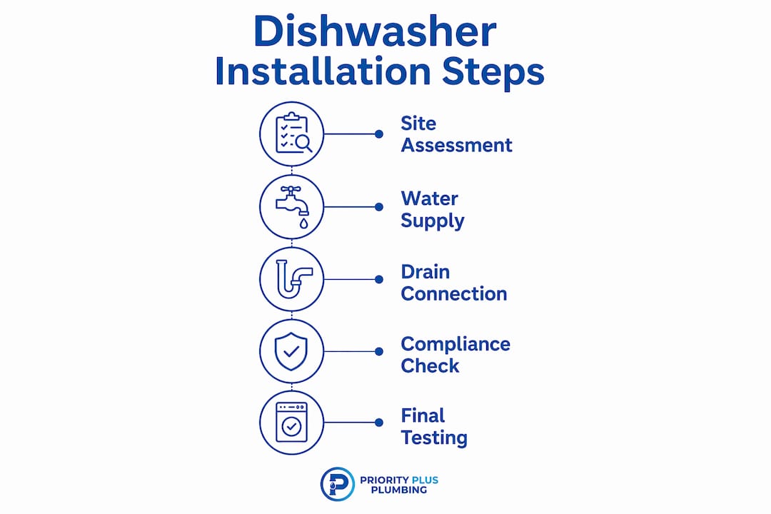 Infographic showing dishwasher installation plumbing steps