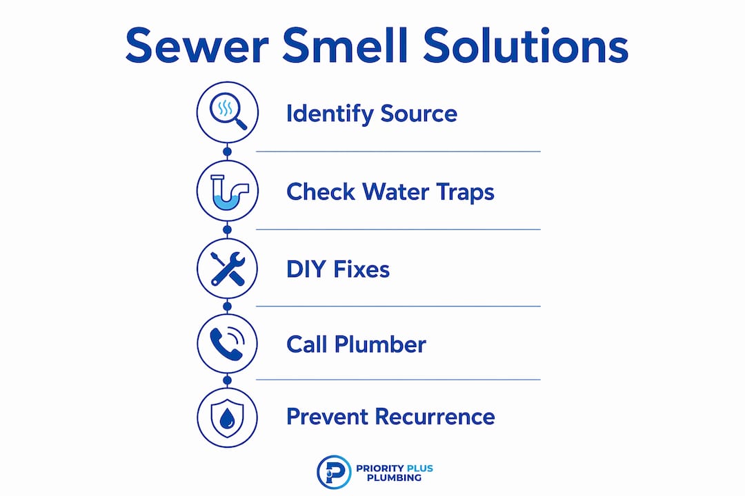 Infographic illustrating sewer smell identification and fixes steps