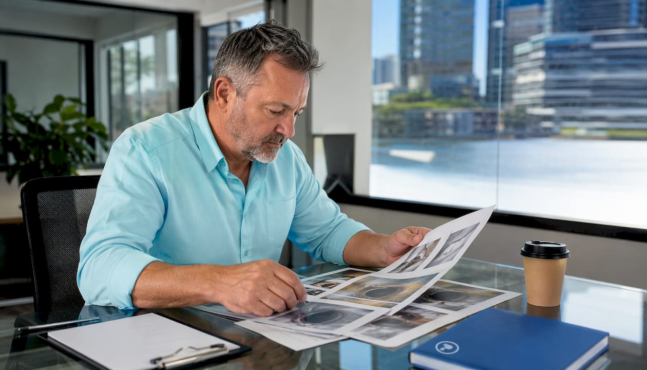 Plumber reviewing CCTV inspection documents indoors