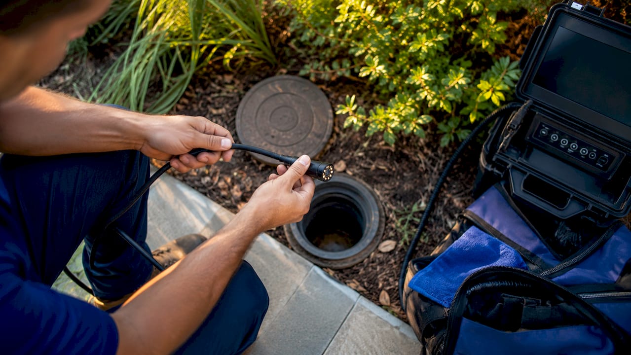Hands holding CCTV drain camera ready for insertion