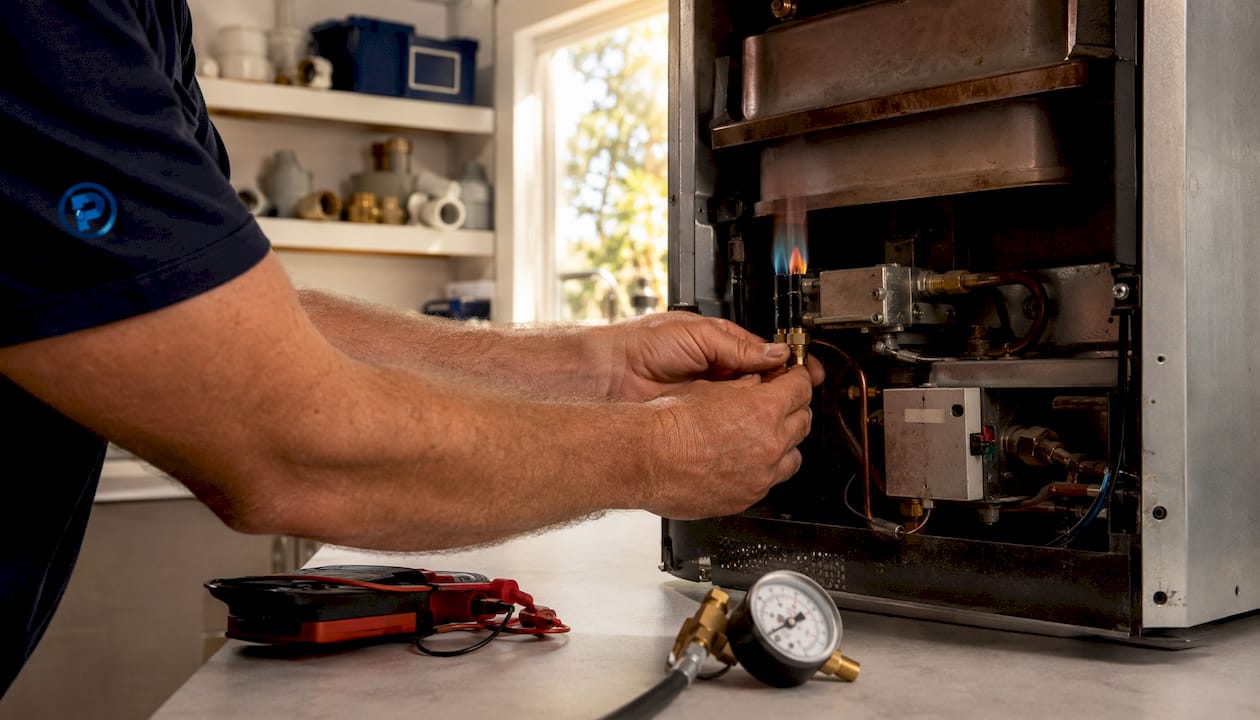 Technician inspecting gas heater components