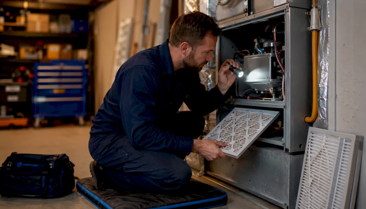 Technician servicing ducted gas heating system