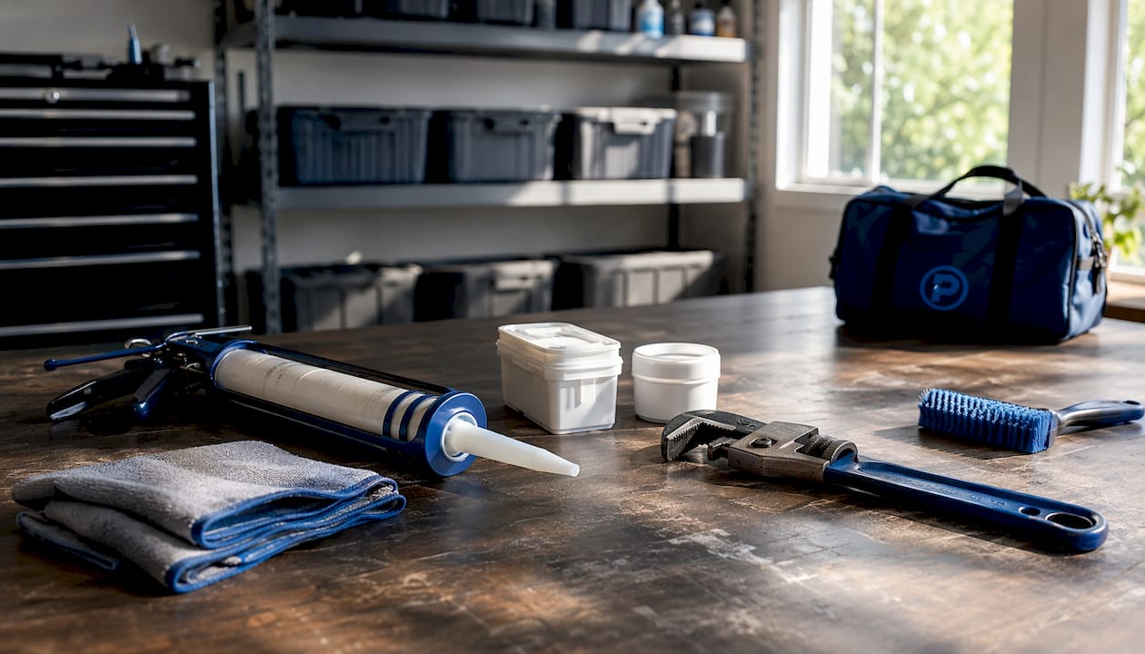 Tools arranged for shower leak repair