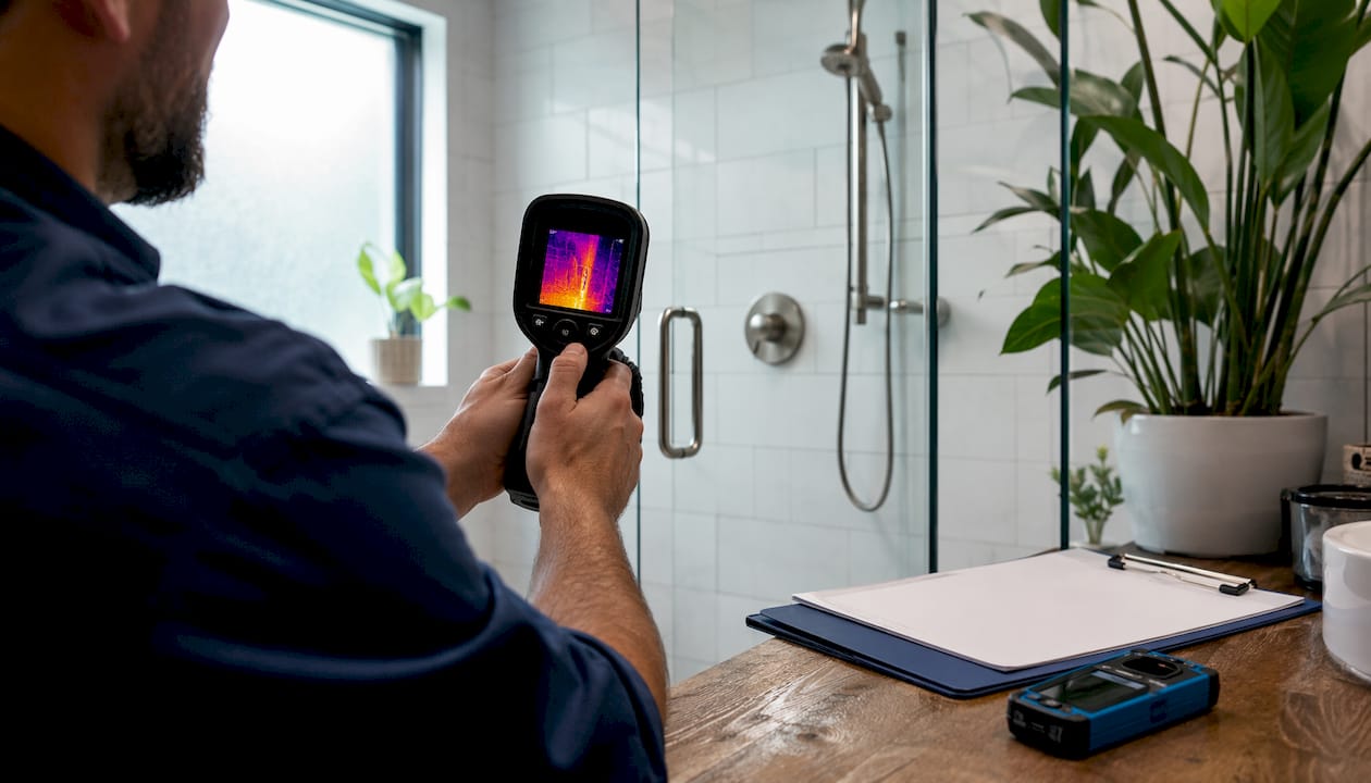Hands holding thermal camera scanning wall