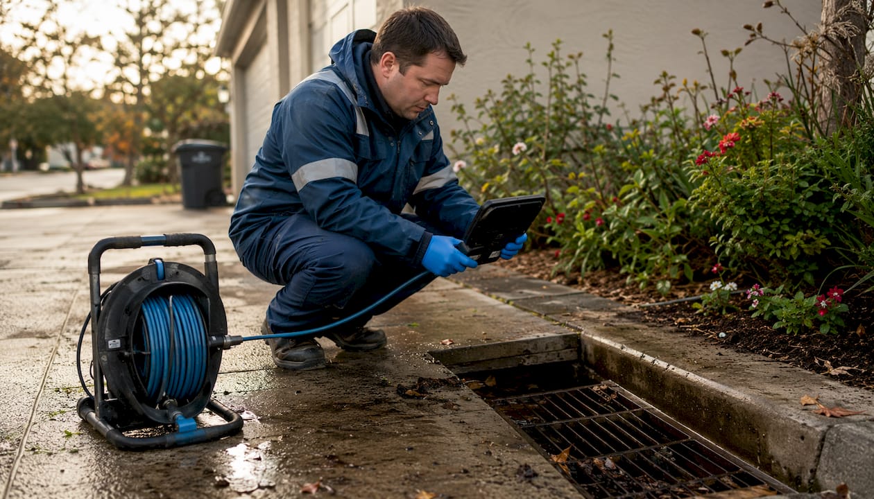 Plumber using CCTV camera to inspect stormwater drain