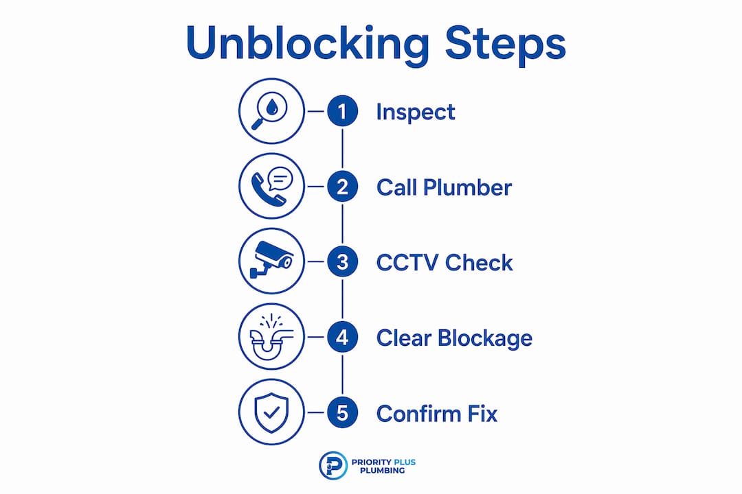 Infographic illustrating steps to unblock stormwater drain