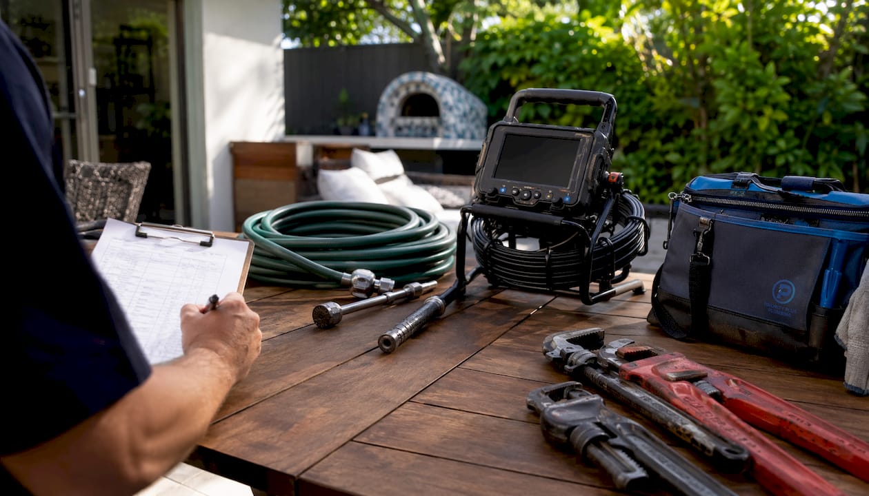 Plumbing tools for emergency services laid out