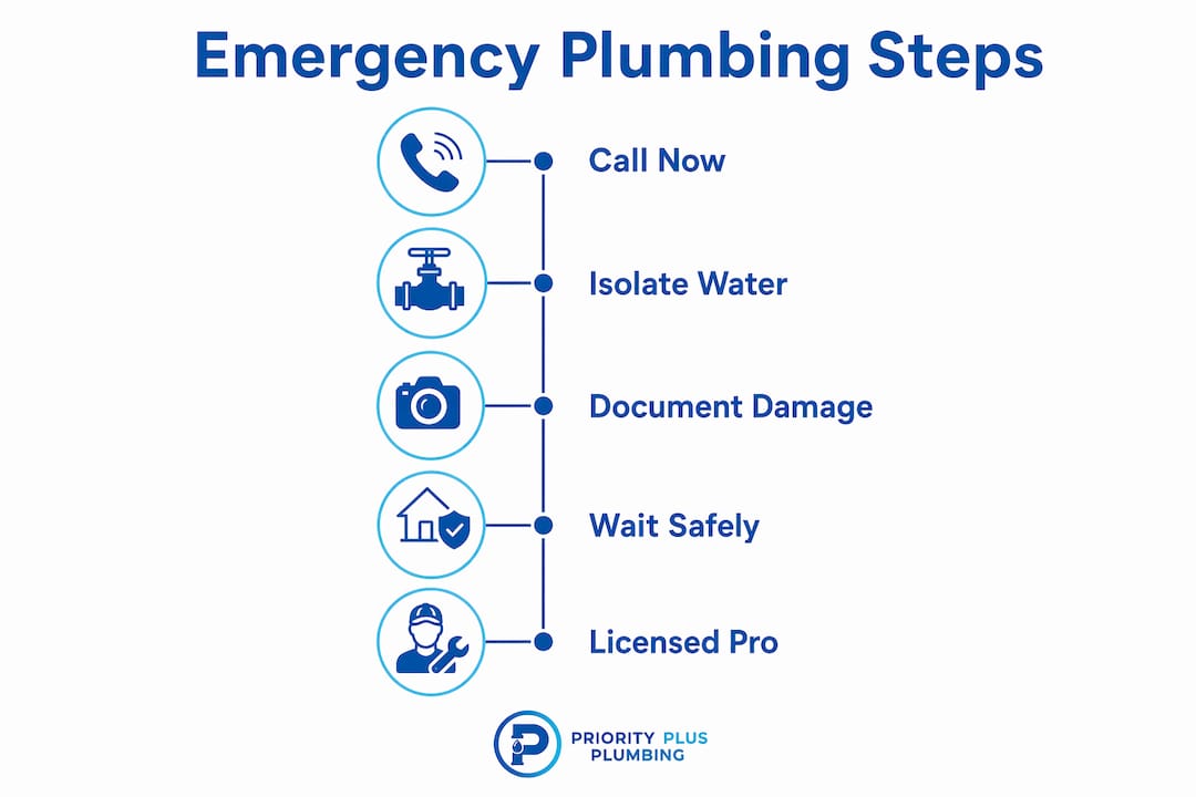 Infographic showing emergency plumbing steps from call to service completion
