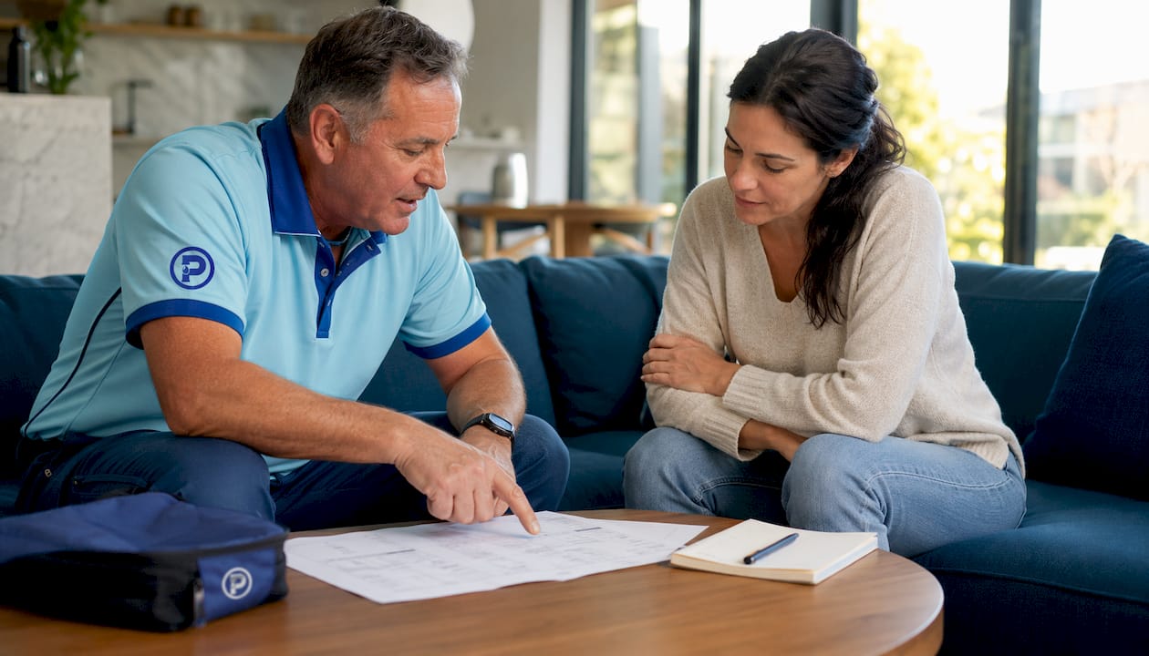 Homeowner and plumber reviewing cost estimate