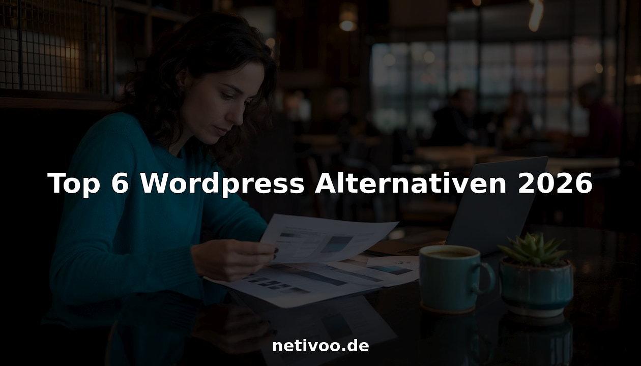 Eine Frau sitzt am Schreibtisch und informiert sich über Alternativen zu WordPress.