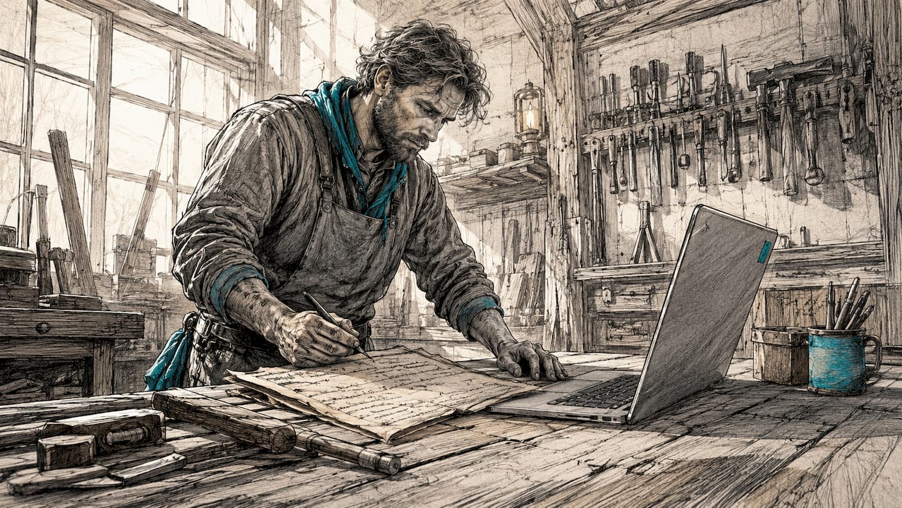 Ein Handwerker informiert sich am Laptop über verschiedene Webseiten-Lösungen.