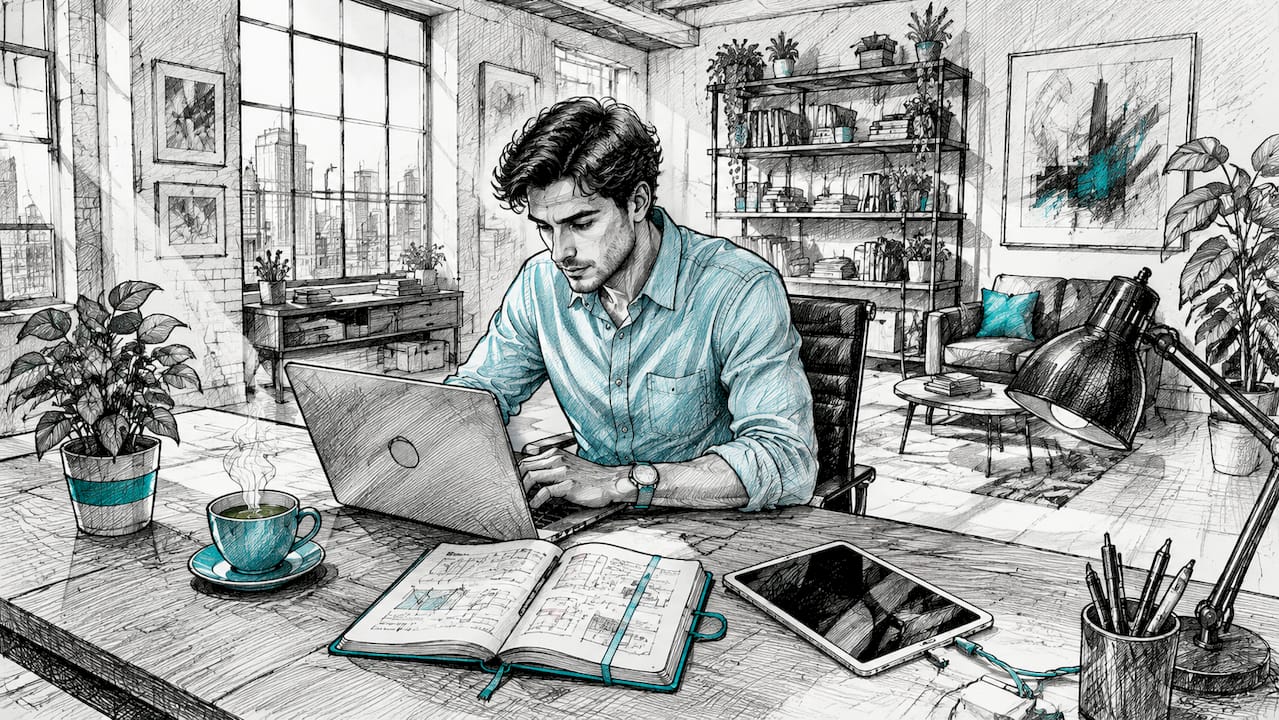 Ein junger Mann arbeitet zu Hause an seinem Laptop und baut eine eigene Website auf.