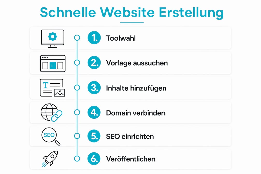 In dieser Infografik erfährst du, wie du in sechs einfachen Schritten deine eigene Website schnell erstellen kannst.