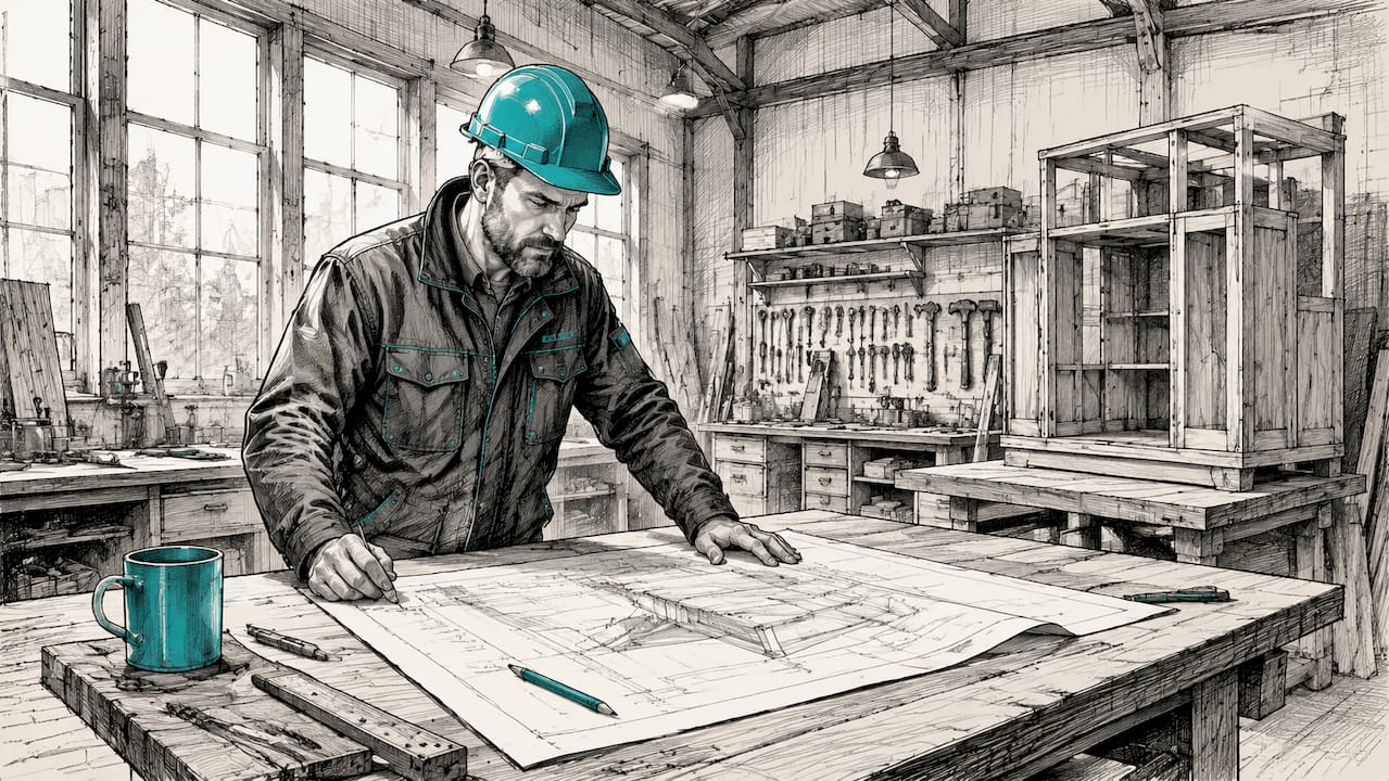Ein Handwerker prüft in seiner Werkstatt verschiedene Webseiten-Entwürfe auf dem Tablet.