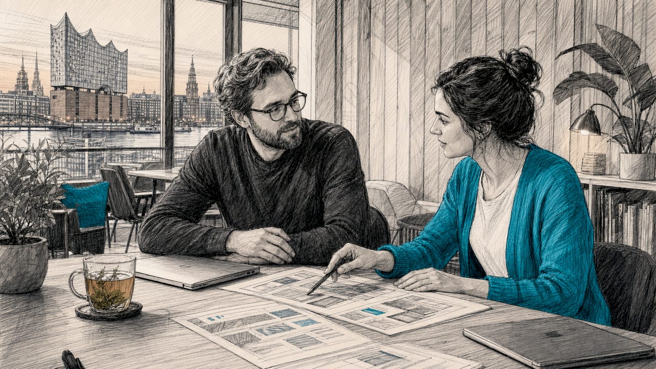 Im Hamburger Studio arbeiten Webdesigner gemeinsam an kreativen Projekten.