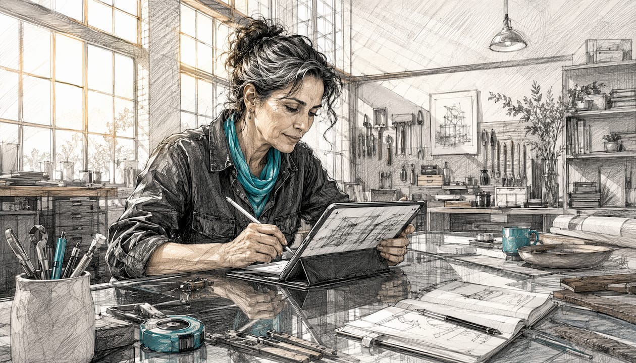 In ihrer Werkstatt arbeitet die Handwerkerin mit einem Tablet und verbindet traditionelles Handwerk mit moderner Technik.