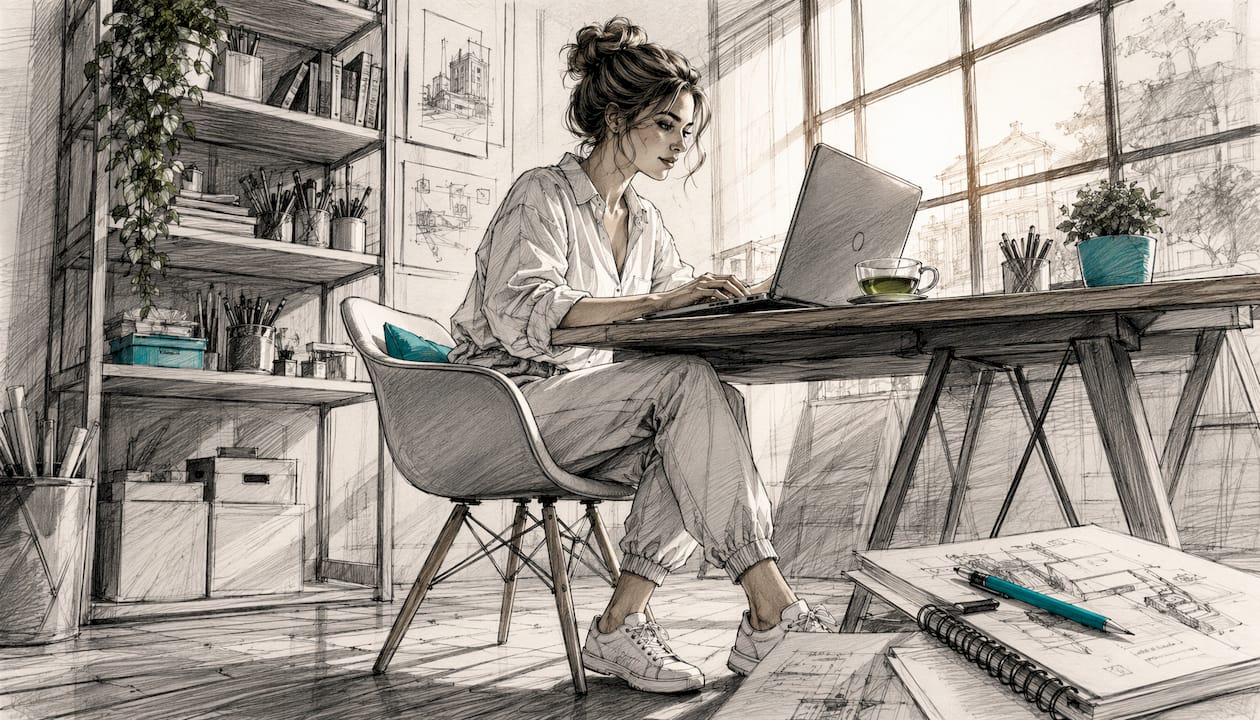Eine junge Mitarbeiterin kümmert sich im Büro um die Wartung und Pflege der WordPress-Website.