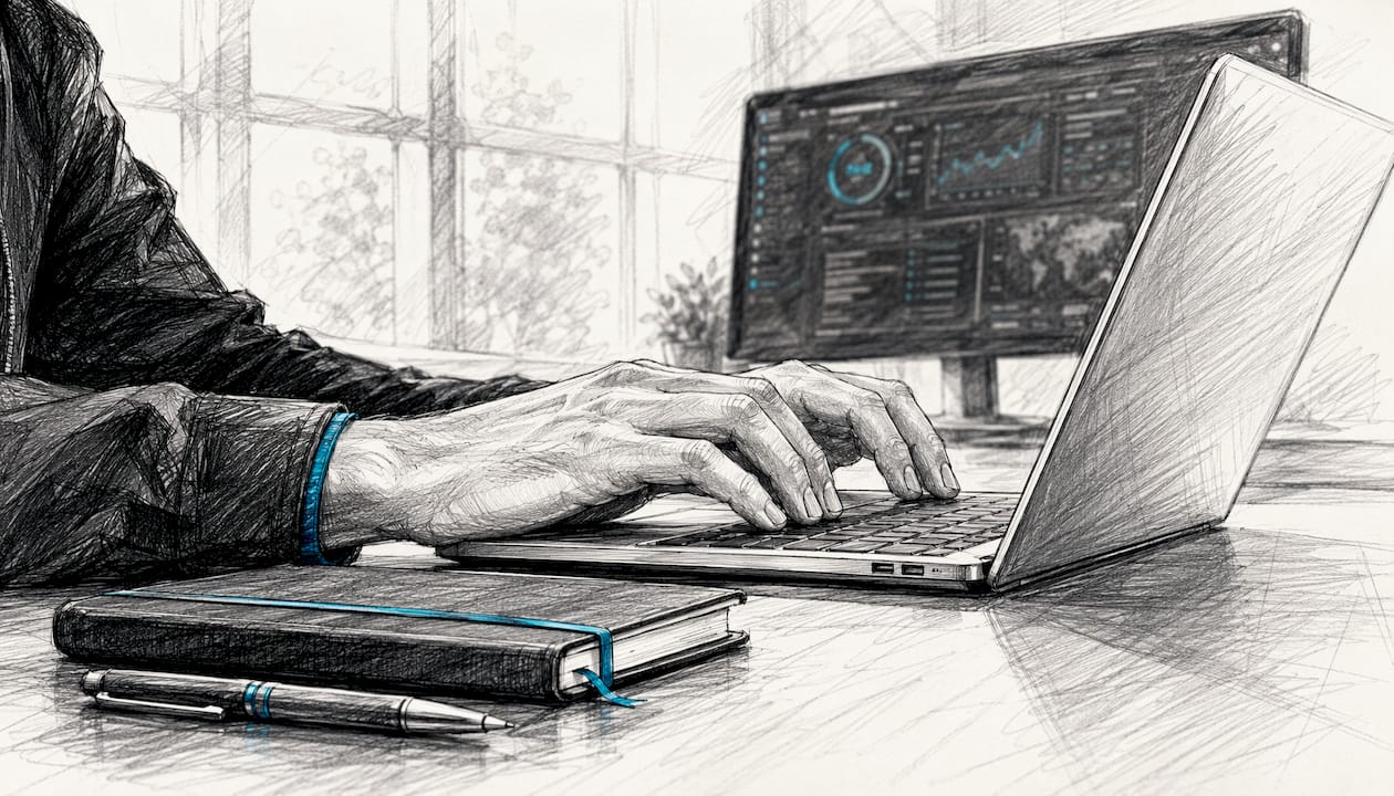 Jemand arbeitet am Laptop und überwacht die WordPress-Sicherheit.