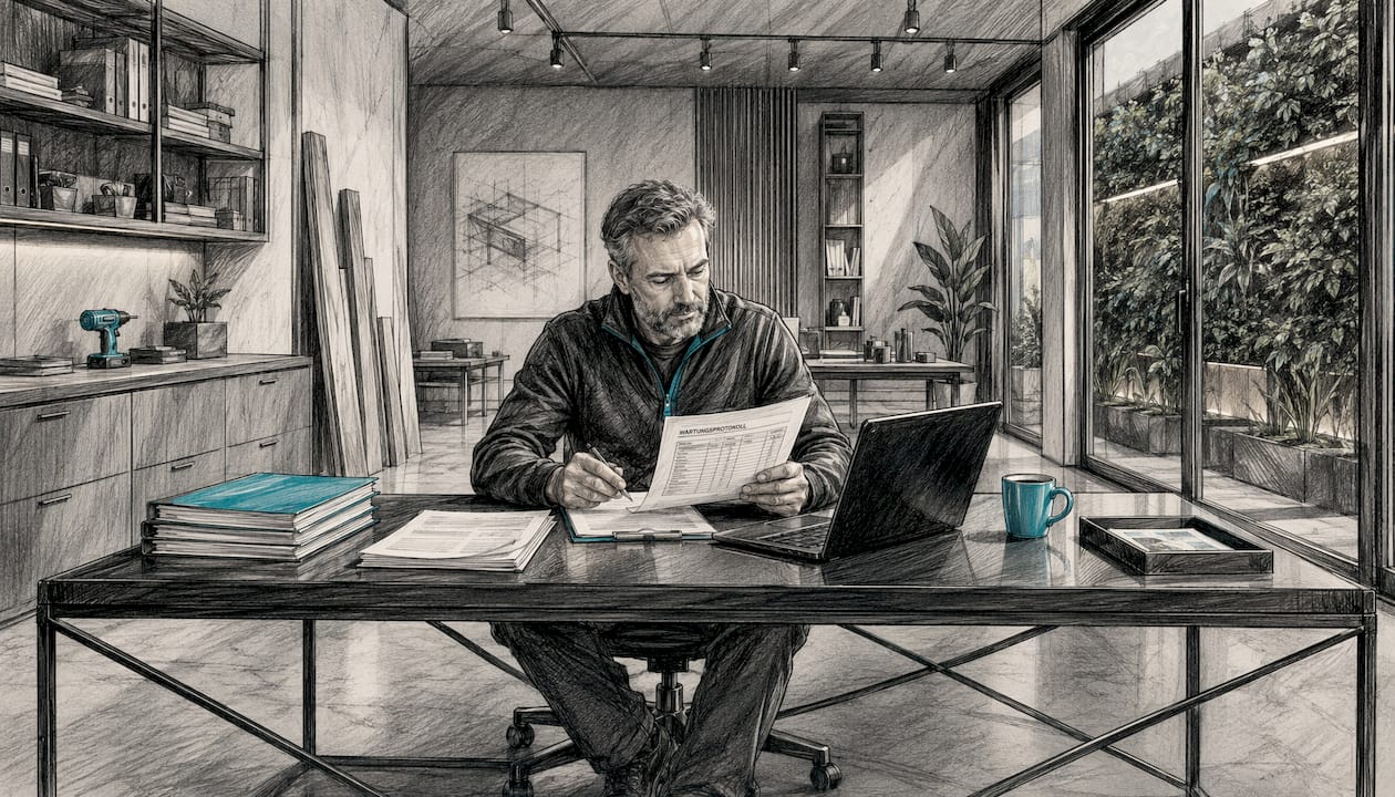 Ein Handwerksmeister überprüft im Büro die aktuellen Wartungsprotokolle seiner WordPress-Website.