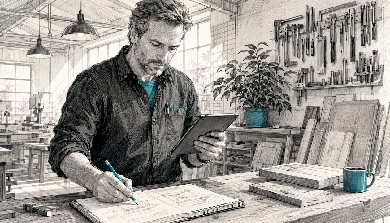 Ein Handwerksmeister nutzt ein Tablet zur Arbeit in seiner Werkstatt.