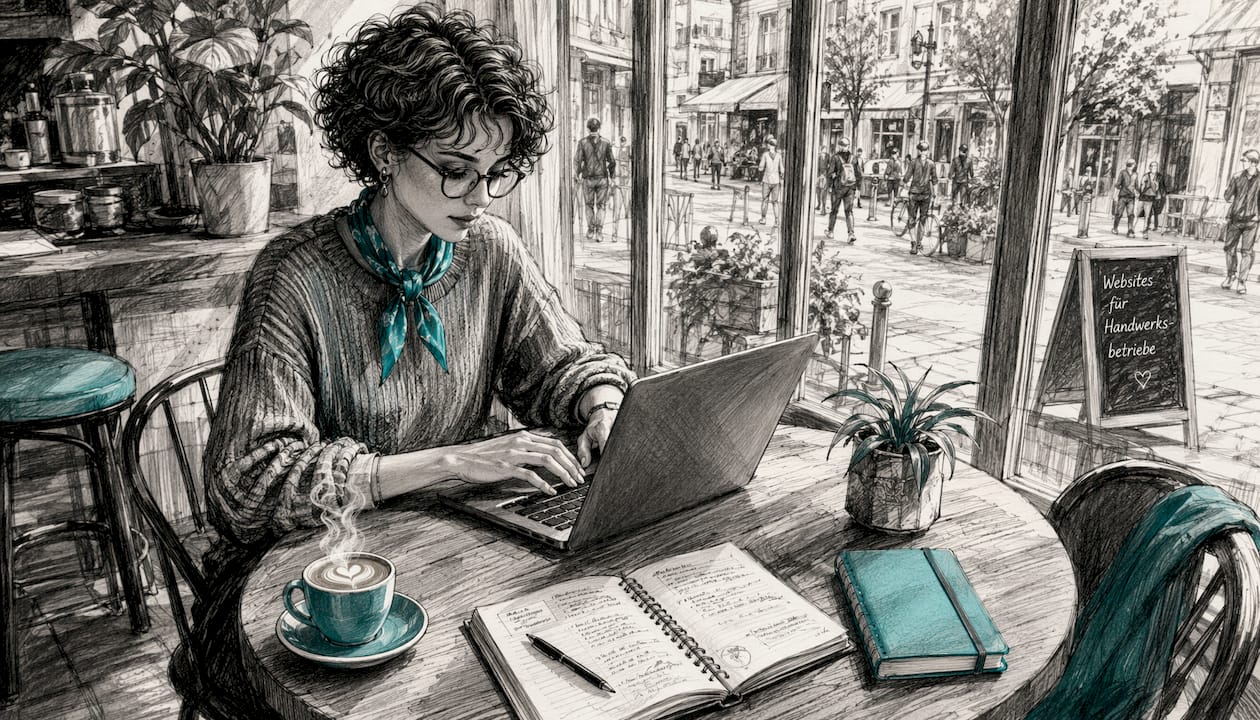 Eine junge Frau gestaltet am Laptop ihre eigene Webseite mit einem Baukastensystem.