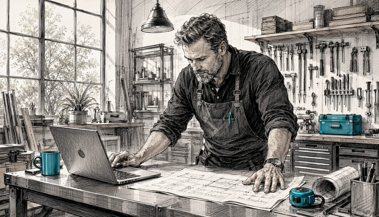 Ein Handwerker sitzt in seiner Werkstatt und arbeitet konzentriert am Laptop.