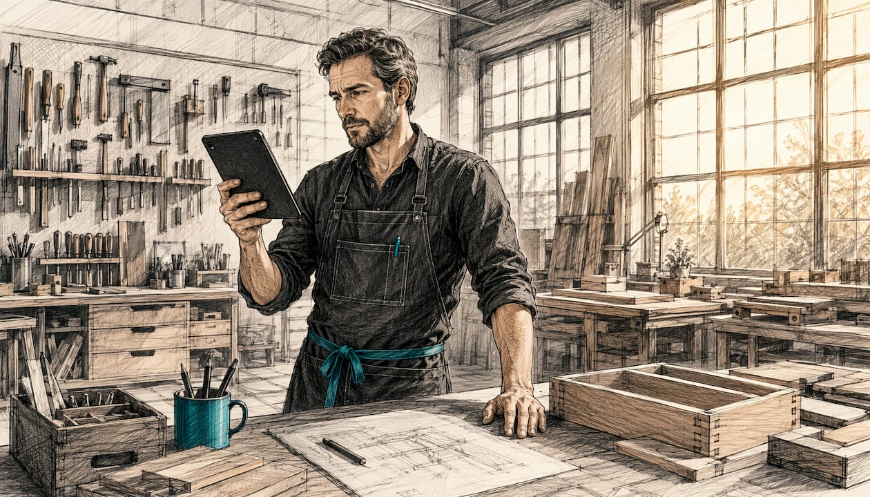 Ein Handwerksmeister überprüft digitale Baupläne auf seinem Tablet in einer modern ausgestatteten, lichtdurchfluteten Werkstatt.