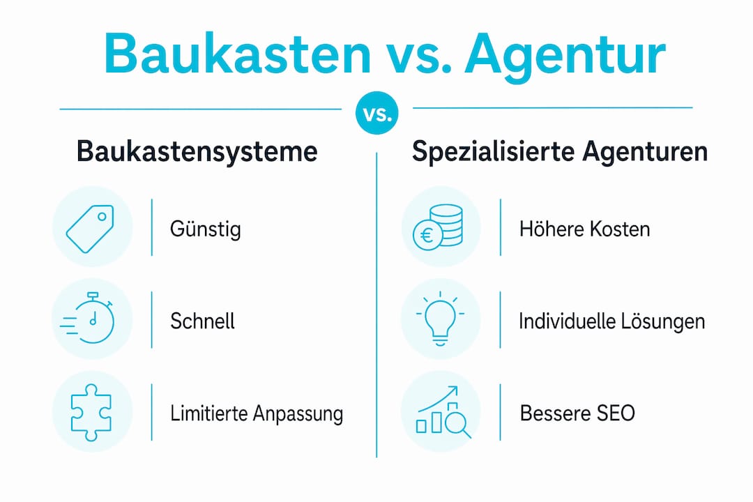 Infografik: Die wichtigsten Unterschiede zwischen einem Baukastensystem und einer Agentur im Überblick