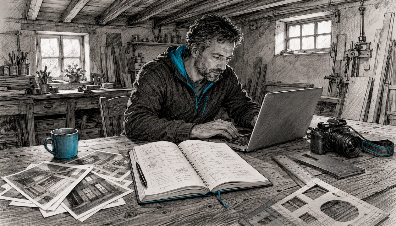 In seiner Werkstatt sitzt der Handwerker am Laptop und bearbeitet Fotos, um sie zu optimieren.