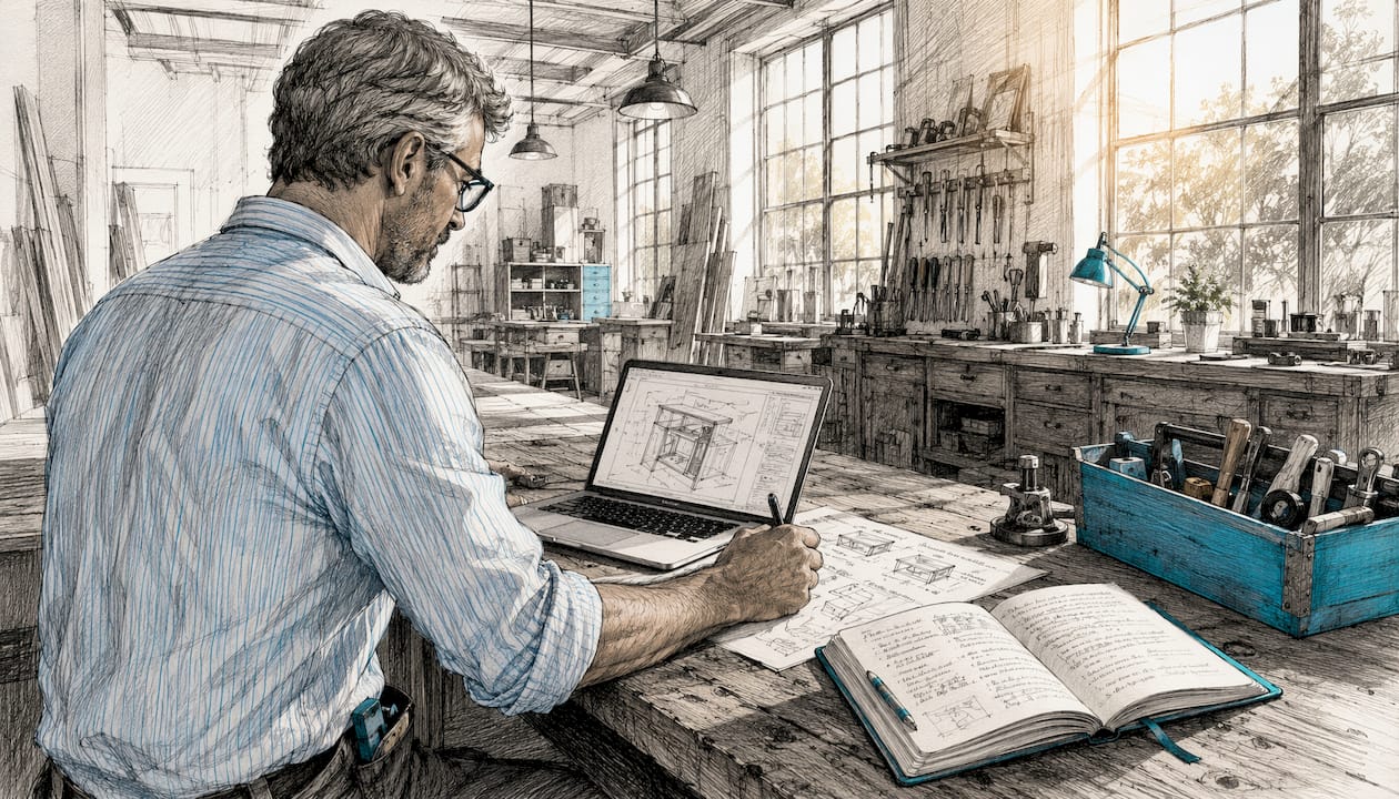 Ein Handwerker sitzt am Laptop und nutzt spezielle Tools, um seinen Newsletter zu gestalten.