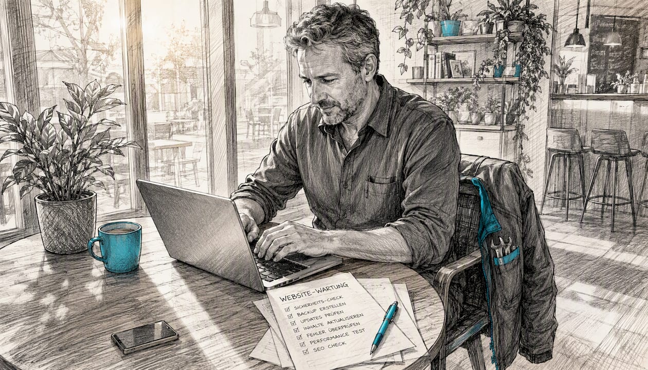 Ein Handwerker kümmert sich am Laptop um die Pflege und Aktualisierung der Website.