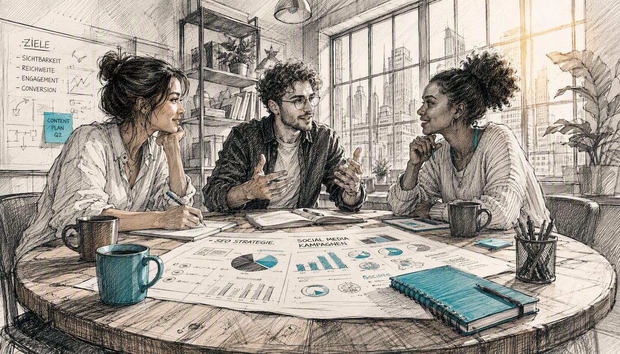 Das Gründerteam tauscht sich über Strategien im digitalen Marketing aus.