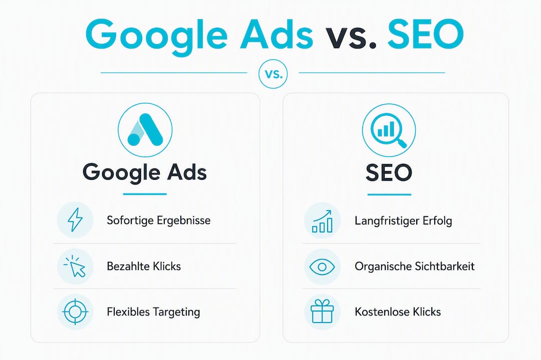 Infografik zeigt die Vorteile von Google Ads und SEO im direkten Vergleich