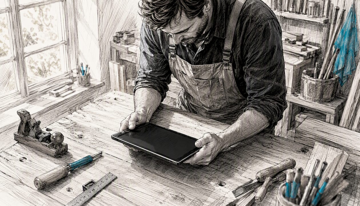 Handwerker nutzt Tablet in seiner Werkstatt