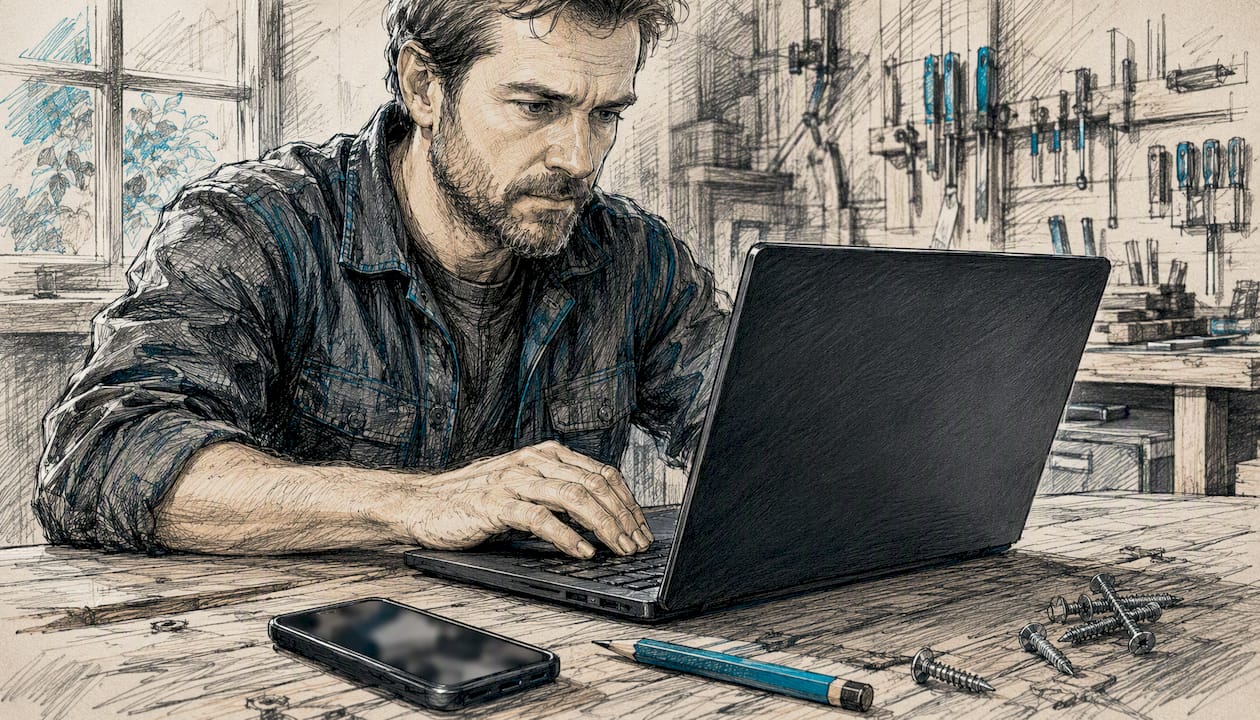 Fleißige Hände tippen am Laptop in einer Werkstatt zwischen Werkzeug und Holzspänen.