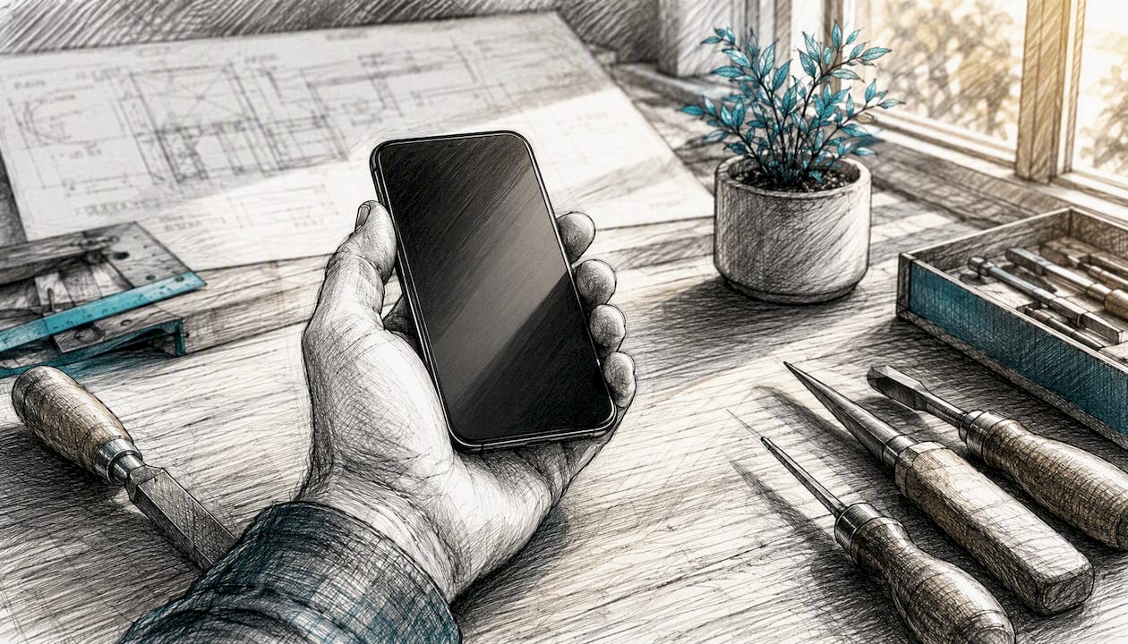 Eine Hand bastelt am Smartphone direkt neben der Werkbank.