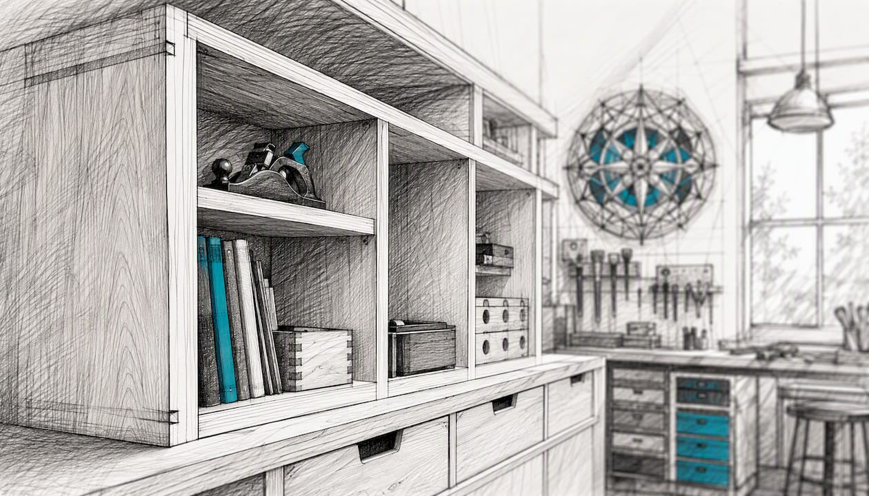 Eine Werkstatt, in der im Hintergrund ein Schrank steht und verschiedene Kunstobjekte ausgestellt sind.