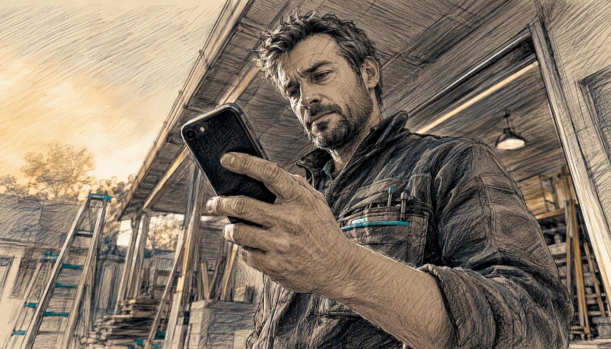 Ein Handwerker steht vor seiner Werkstatt und tippt auf seinem Smartphone.