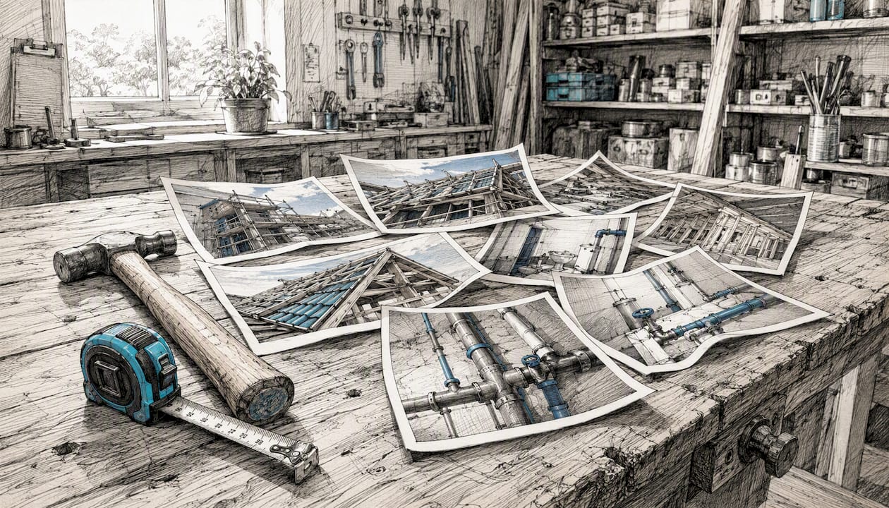 Frisch entwickelte Bastelfotos liegen auf der Werkbank bereit.