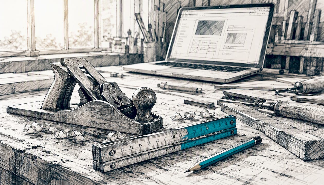 Handwerkszeug liegt neben einer unscharfen Computertastatur.