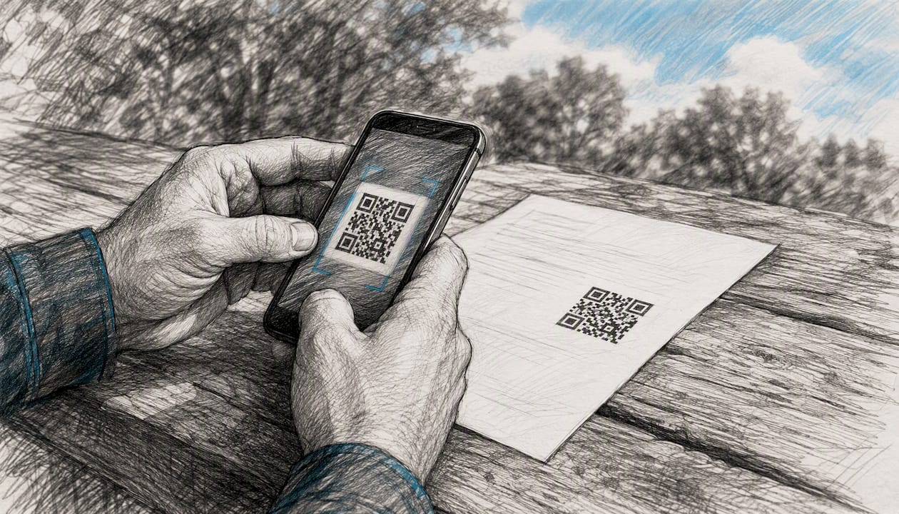 Ein Handwerker hält sein Smartphone über den QR-Code auf der Rechnung, um ihn einzulesen.