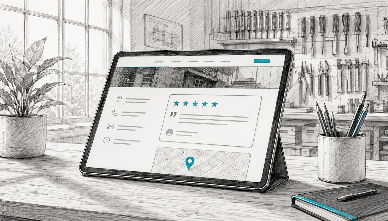 Auf dem Tablet ist das Bewertungs-Widget der Handwerker-Website zu sehen.