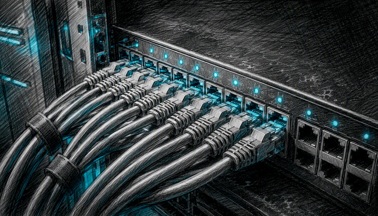 Ein Netzwerk-Switch, an dem leuchtende Patchkabel angeschlossen sind.
