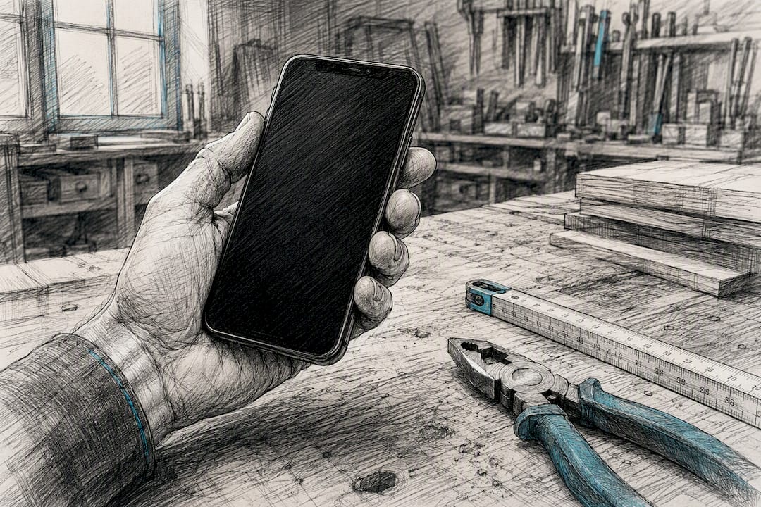 Eine Hand hält ein Smartphone mit ausgeschaltetem Display über der Werkbank.