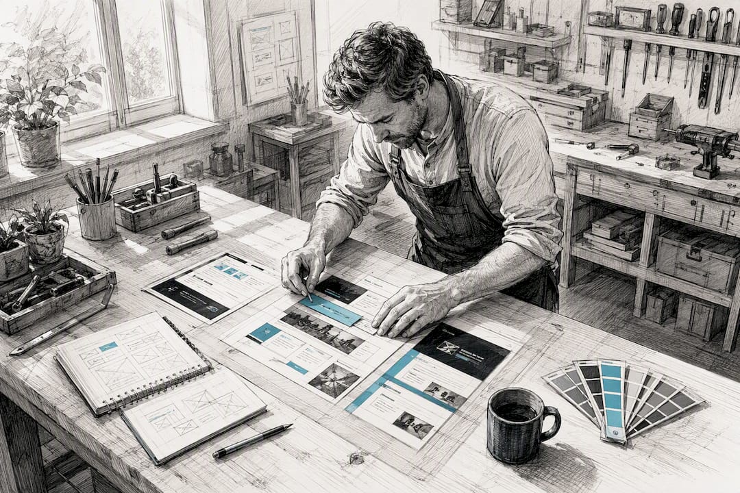 Am Workshoptisch arbeiten mehrere Hände gemeinsam an der Planung eines Webdesigns.