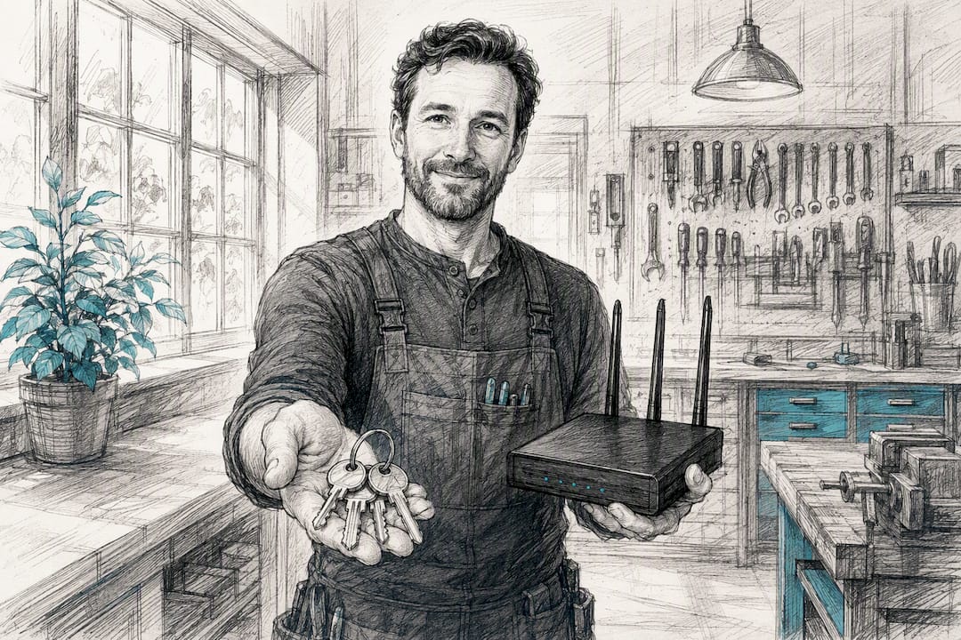 Symbolbild: Eine Hand übergibt Schlüssel und einen Router – bereit für die Übergabe einer Website.