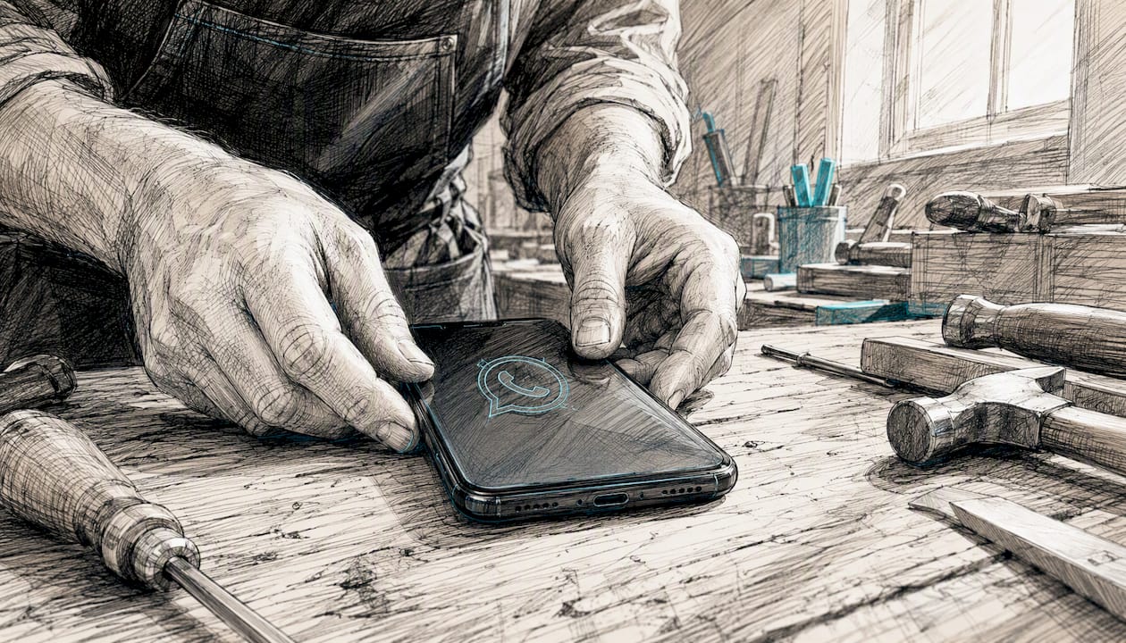 Hände, die ein Smartphone auf einer Werkbank halten