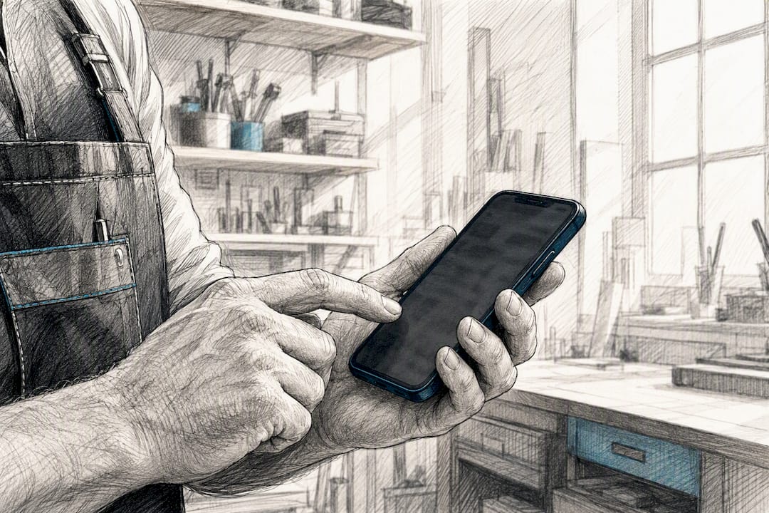 Hände, die auf einem Smartphone in der Werkstatt tippen